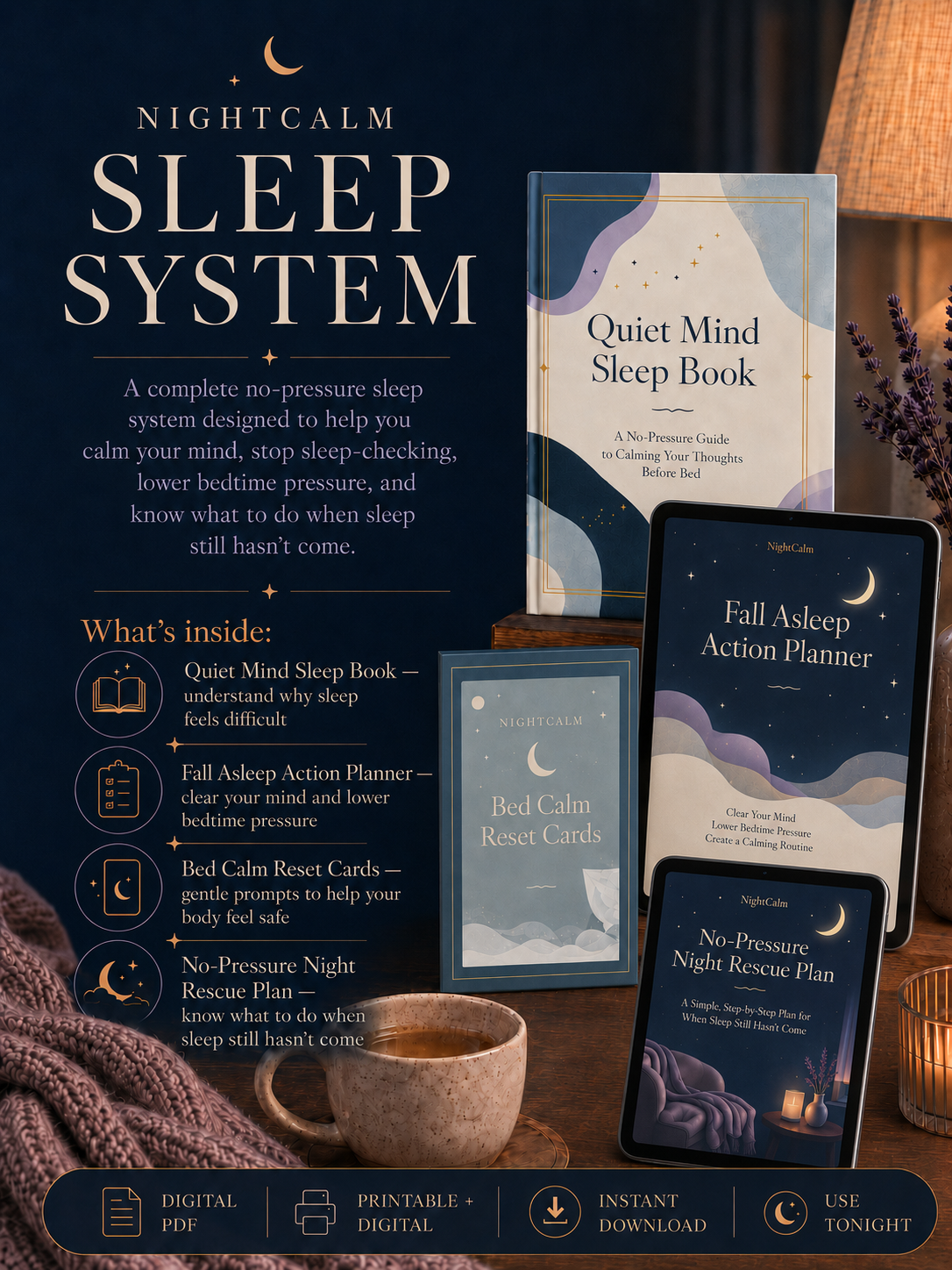 Stop lying awake in bed exhausted with a mind that won't turn off — NightCalm gives you a simple no-pressure system to finally feel calm at bedtime, instead of lying there waiting for sleep that won't come.