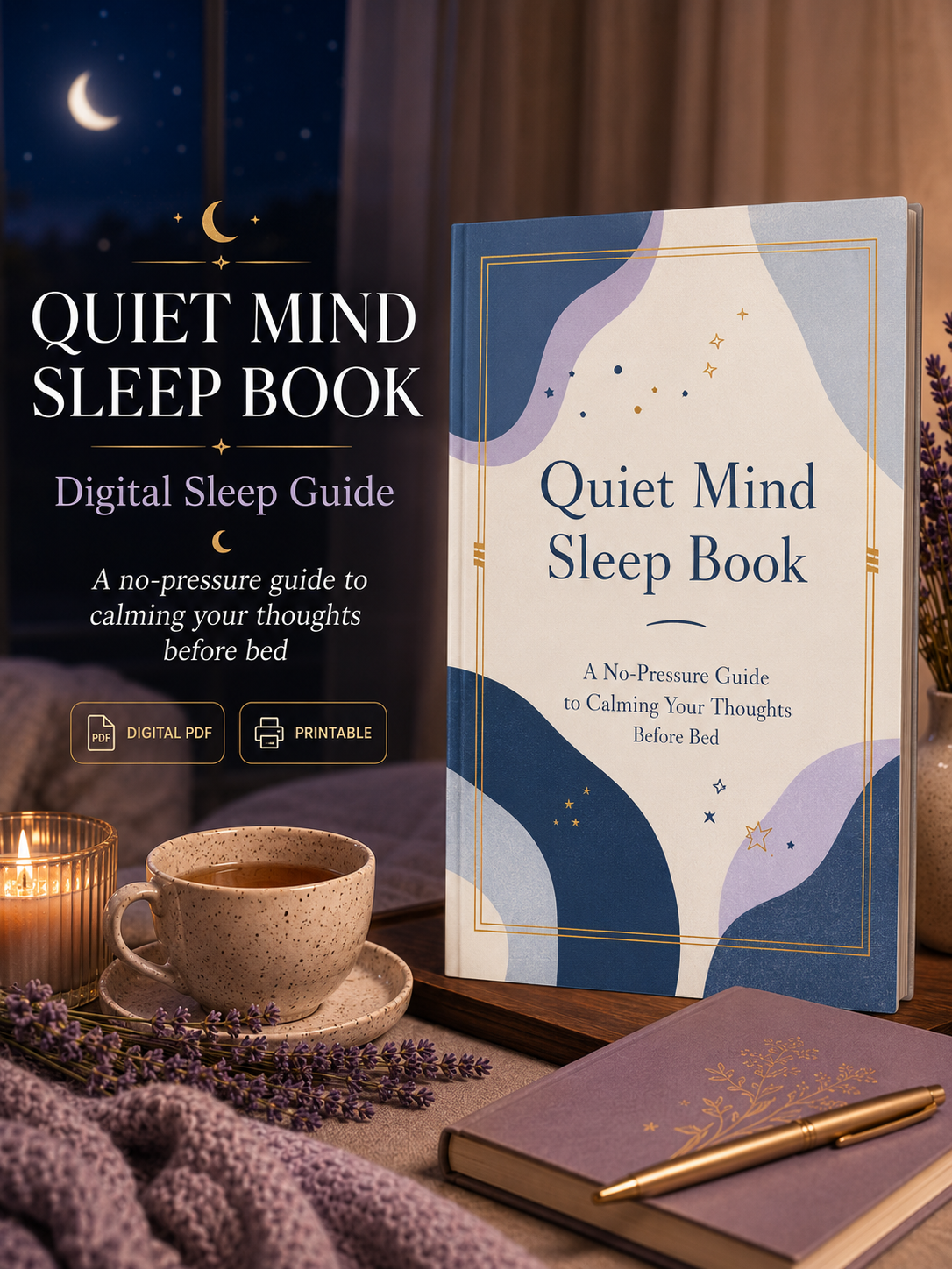 Stop lying awake in bed exhausted with a mind that won't turn off — NightCalm gives you a simple no-pressure system to finally feel calm at bedtime, instead of lying there waiting for sleep that won't come.