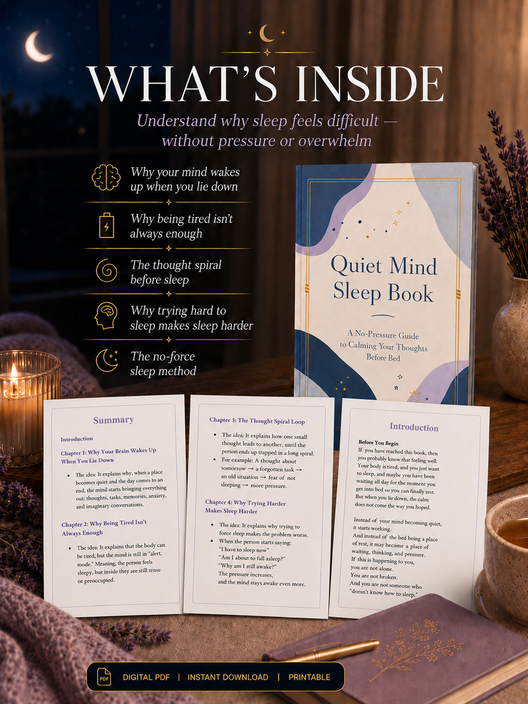 Stop lying awake in bed exhausted with a mind that won't turn off — NightCalm gives you a simple no-pressure system to finally feel calm at bedtime, instead of lying there waiting for sleep that won't come.