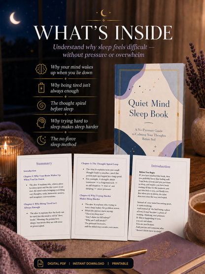 Stop lying awake in bed exhausted with a mind that won't turn off — NightCalm gives you a simple no-pressure system to finally feel calm at bedtime, instead of lying there waiting for sleep that won't come.
