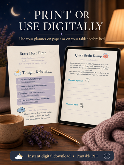 Stop lying awake in bed exhausted with a mind that won't turn off — NightCalm gives you a simple no-pressure system to finally feel calm at bedtime, instead of lying there waiting for sleep that won't come.