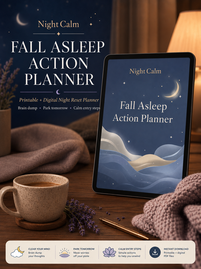 Stop lying awake in bed exhausted with a mind that won't turn off — NightCalm gives you a simple no-pressure system to finally feel calm at bedtime, instead of lying there waiting for sleep that won't come.