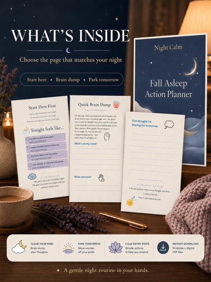 Stop lying awake in bed exhausted with a mind that won't turn off — NightCalm gives you a simple no-pressure system to finally feel calm at bedtime, instead of lying there waiting for sleep that won't come.