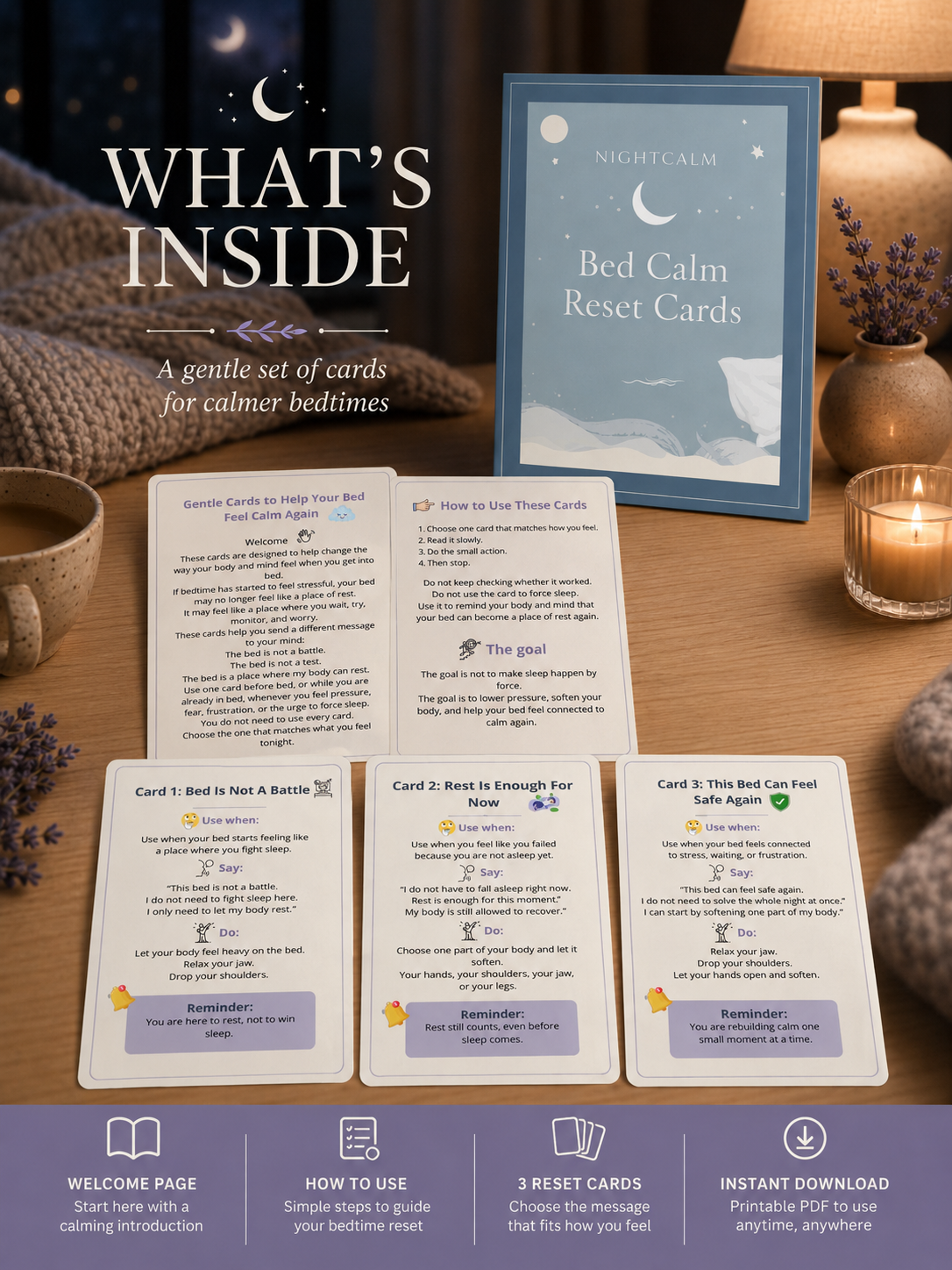 Stop lying awake in bed exhausted with a mind that won't turn off — NightCalm gives you a simple no-pressure system to finally feel calm at bedtime, instead of lying there waiting for sleep that won't come.
