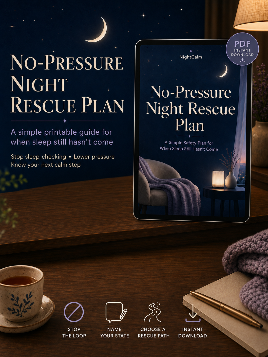 Stop lying awake in bed exhausted with a mind that won't turn off — NightCalm gives you a simple no-pressure system to finally feel calm at bedtime, instead of lying there waiting for sleep that won't come.