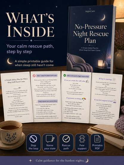 Stop lying awake in bed exhausted with a mind that won't turn off — NightCalm gives you a simple no-pressure system to finally feel calm at bedtime, instead of lying there waiting for sleep that won't come.