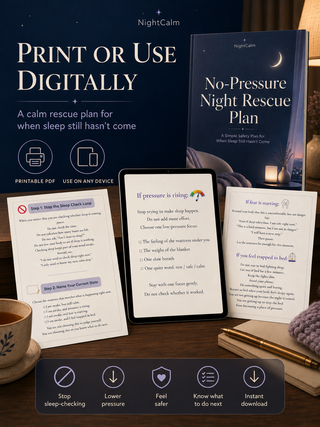 Stop lying awake in bed exhausted with a mind that won't turn off — NightCalm gives you a simple no-pressure system to finally feel calm at bedtime, instead of lying there waiting for sleep that won't come.