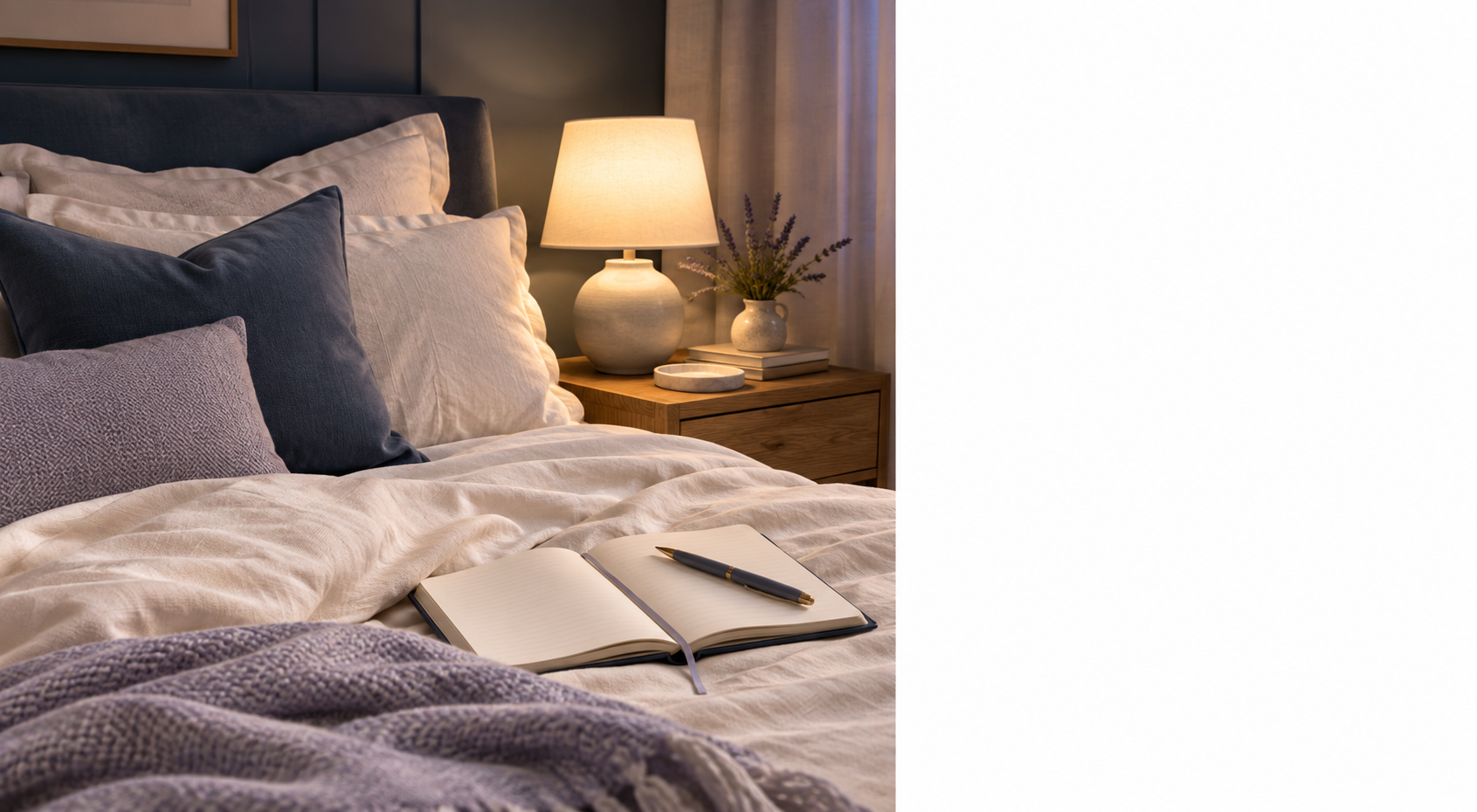 A calm bedroom with soft cream bedding, a warm bedside lamp, and an open journal
